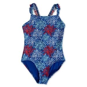 Cat & Jack One Piece Swimsuit Girls Large Red White Blue‎ Fireworks Bathing Suit